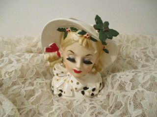 Vintage Napco Christmas Lady Head Vase With Pearl Earrings 1951