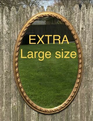 Vintage Hollywood Regency Wall Hanging Mirror Gold Frame Oval Mounted Heavy Larg