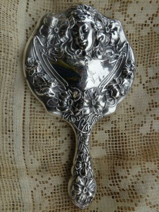 Antique Sterling Silver Art Nouveau Lady Face Floral Repousse Hand Mirror