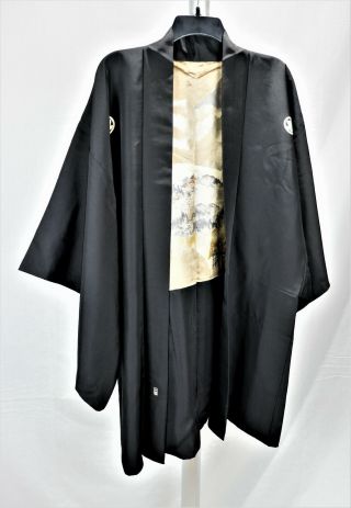 Vintage Japanese Black Haori Kimono Jacket Embroidered Lining