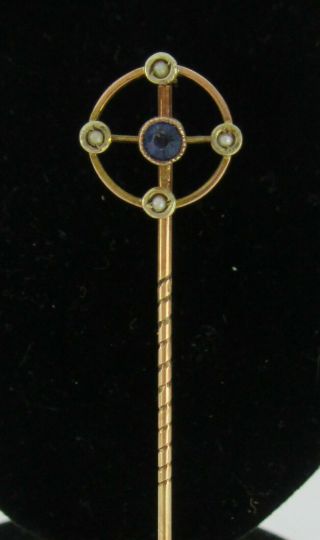 Early 20th C Gold Stick Pin With Celtic Style Head Set Sapphire & Pearls