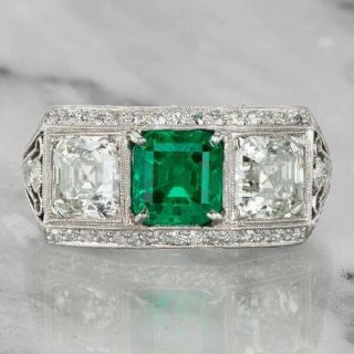 2.  90ct Asscher Green & White Diamond Vintage 3 Stone Engagement Ring 925 Silver