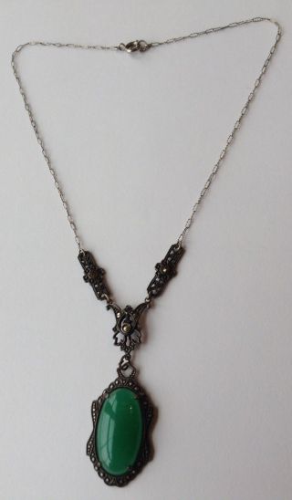 Vintage Art Deco Sterling Silver Chrysoprase And Marcasite Pendant Necklace