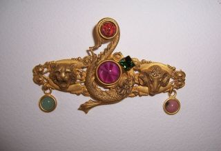 Vintage,  Jeweled Natasha Stambouli,  Signed Exotic,  Dangle Brooch,  24k Gold Plated