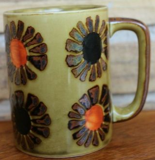 Vintage 70s Floral Stoneware Coffee Mugs Cups Flowers Green Orange