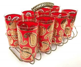 Set Of 8 Vintage Culver Paisley Glasses With Caddy Red Gold