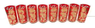Set of 8 Vintage Culver Paisley Glasses with Caddy Red Gold 2