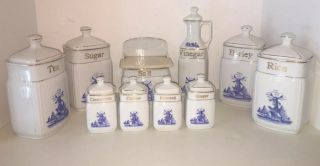 Vintage Porcelain Canister Set Bavaria Blue Windmill Spice Sugar Salt Barley