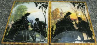 Vintage Reverse Painting Silhouette Victorian Couple.  Convex Glass Frames