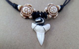 Shark Tooth Necklace Pendant Surfer Hippie Bead Choker Real Turtle Mens