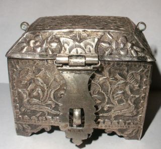 Antique 19th Decorated Birds Flowers Arabic Silver Trunk Hinged Box Middle East