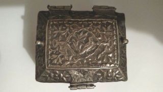 Antique 19th decorated birds flowers Arabic silver trunk hinged box Middle East 2