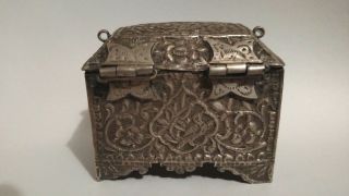 Antique 19th decorated birds flowers Arabic silver trunk hinged box Middle East 3