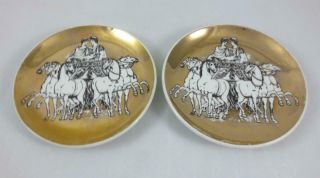 - 2 - Vintage Fornasetti For Saks Fifth Avenue Gold Decorated Coasters W/ Chariots