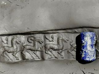 Fantastic Extremely Rare Ancient Cylinder Seal Lapis Lazulli 300 Bc.  5,  8 Gr.  20 Mm