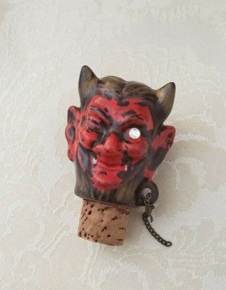 Vintage Cork Bottle Stopper Winking Red Devil Ceramic Head With Rhinestone Eye