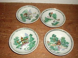 Vintage Chinese/asian Set Of 4 Small Dishes Painted Scenes,  3 Inch Diameter