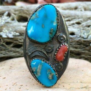 Huge Vintage Native American Navajo Morenci Turquoise Coral Sterling Ring Sz12.  5