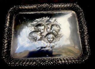 Antique Solid Sterling Silver Tray Reynolds Cherubs Angels Hallmarked