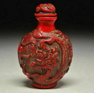 Delicate Chinese Red Coral Resin Carved Peony&dragon Snuff Bottle