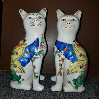 2 Vintage Chinese Cat Porcelain Figurines W/ Tobacco - Leaf Hand - Painted