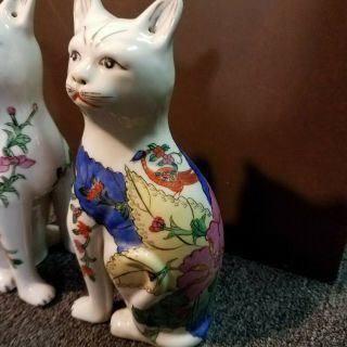 2 Vintage Chinese Cat Porcelain Figurines w/ Tobacco - Leaf Hand - Painted 3