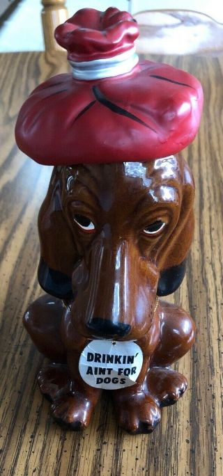 Vintage Enesco Brown Basset Hound Decanter W/ Ice Pack " Drinkin Aint For Dogs "