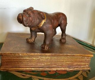 Vintage Heavy Solid Bronze French Bulldog Statue Figurine With Book Base 8.  5x8x6