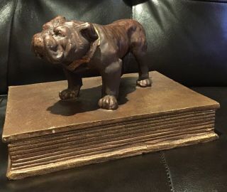Vintage Heavy Solid Bronze French Bulldog Statue Figurine with Book Base 8.  5x8x6 3