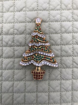 Year 2000 Gold Plated Swarovski Crystals Christmas Tree Pin Brooch Swan Signed