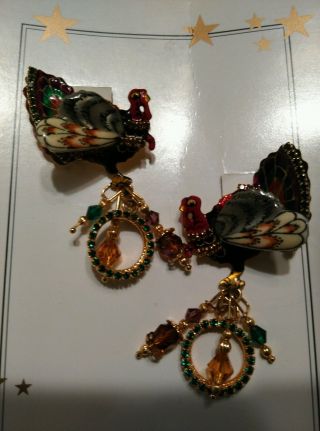 Lunch At The Ritz 24 Kt.  Holiday Turkey Dangling Crystal Post Earrings
