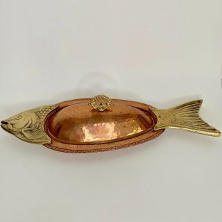Vintage Copper Brass Fish Serving Dish 18” Long With Lid