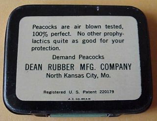 NOS,  VINTAGE DEAN ' S PEACOCKS ' BRAND CONDOMS / RUBBERS COLORFULL METAL TIN OF 3 3