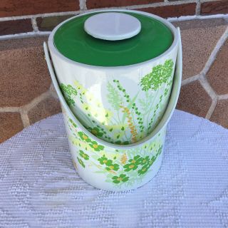 Vintage Ice Bucket Vinyl With Lid Handle Bright Green Yellow Floral Party Picnic