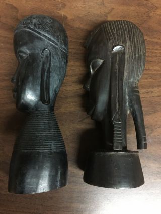 2 Vtg African Tribal Hand Carved Ebony Wood Sculpture Face Head Busts Statue 9”