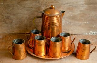 Set Of Vintage Revere Solid Copper Moscow Mule Mugs Cups,  Pitcher And Tray