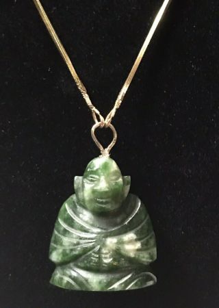 Old Vintage Green Jade Buddha 10k Gold Necklace And Pendant