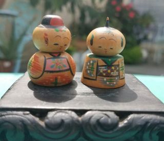 Vintage Couple/pair Japanese Wooden Kokeshi Dolls Bobbleheads 2 × 3 Inches