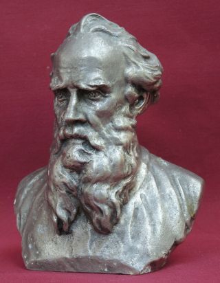 Old Big Bust Leo Tolstoy Russian Writer Old Soviet Pewter Cast Statue // Signed