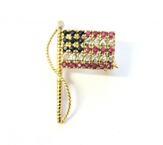 Fine Vintage 14k Yellow Gold American Flag Pin W/ Diamonds Sapphire Rubies