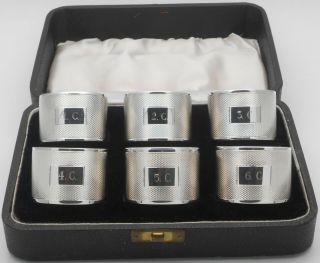 Cased Set Of 6 Sterling Silver Napkin Rings - Numbered 1c Thru 6c - 1945