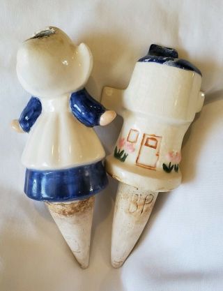 TWO Vintage Ceramic Pottery Watering Can Plant Water Spike Dutch Windmill & Girl 2