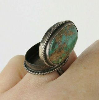 Vintage Sterling Silver Turquoise Pill Box Hinged Ring Size 6 3/4