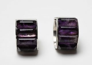 Vintage 1950 - 60’s Taxco Mexican Sterling Silver And Amethyst Clip On Earrings