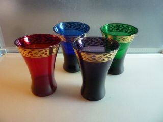 Vintage Shot Glasses Barware Multi Color W/ Gold Trim - Set Of 4