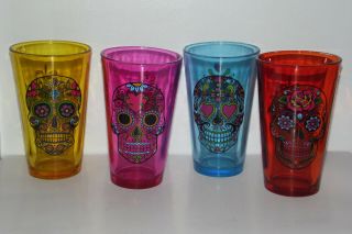 Four " Day Of The Dead " Drinking Glasses,  Pretty Colors