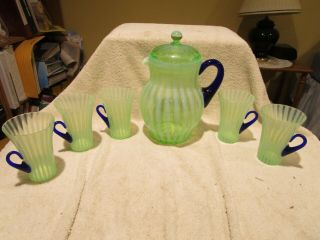 Vintage Fenton Green Striped Opalescent Blue Handle Glass Pitcher And 5 Tumblers