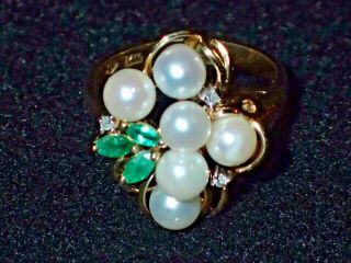 Vintage Estate Pearl,  Emerald,  & Diamond 14k Yellow Gold Ring 4 Gr.  / 17.  5mm Dia
