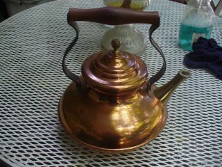 Vintage Large Fancy Copper And Brass Teapot With Wood Handle Made In Italy