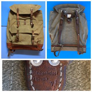 Vintage Swiss Army Military Backpack Rucksack Leather Canvas Bag Exc.
